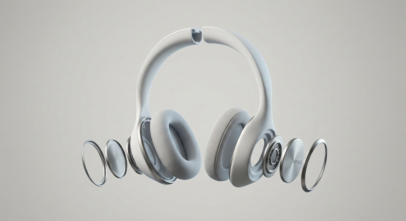 The headphones as an exploded view: shell halves, cushions, drivers, titanium discs and rings floating apart