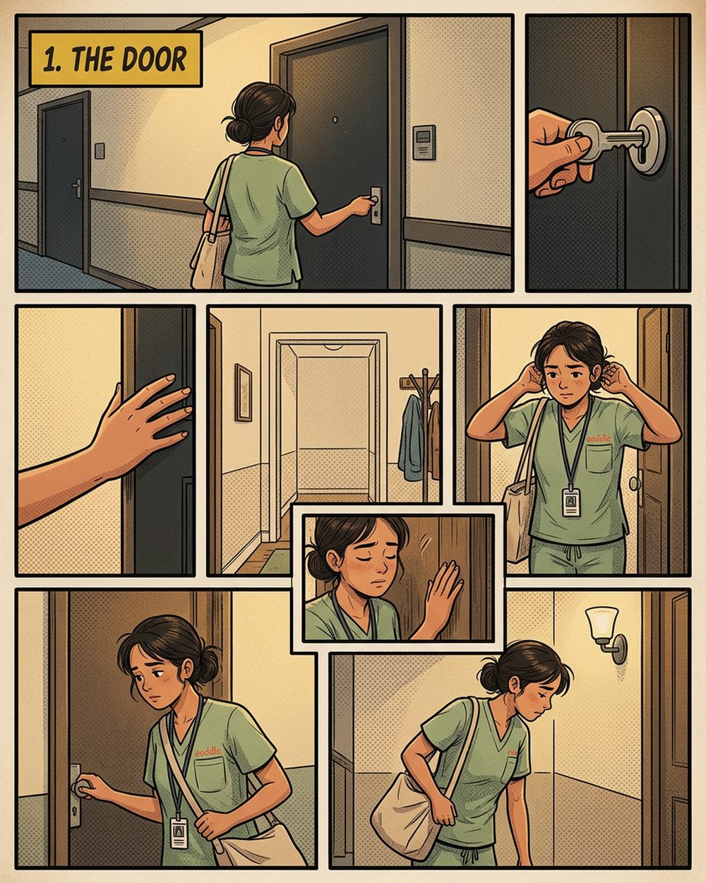 Comic page: arriving home exhausted
