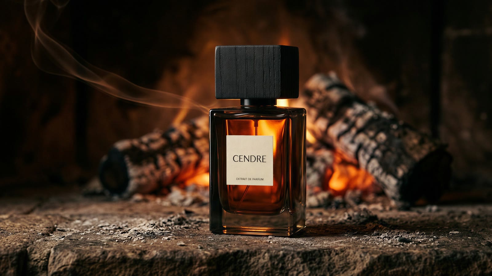 The perfume bottle on a stone fireplace hearth with glowing logs behind lighting the liquid orange