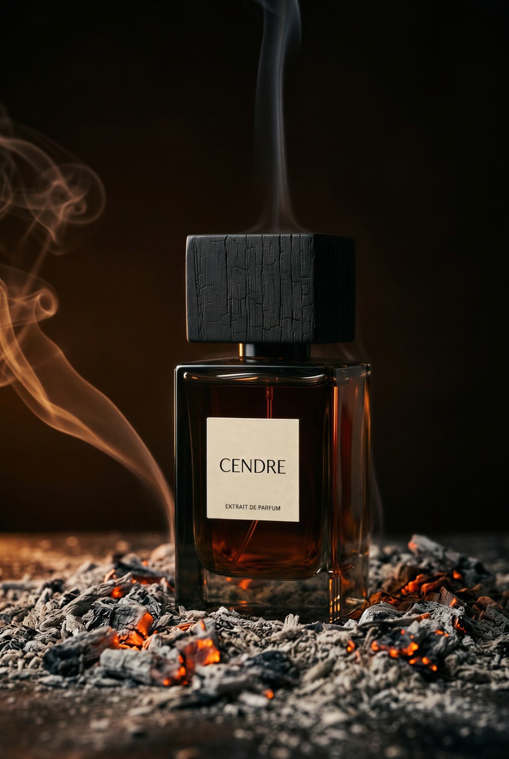 The bottle standing in grey ash and glowing embers with a column of smoke rising behind