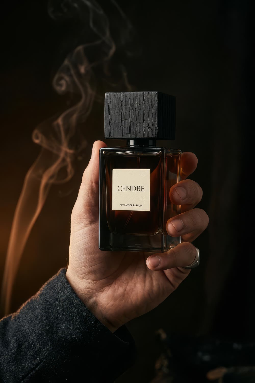 A man's hand in a charcoal wool sleeve with a silver ring holding the bottle