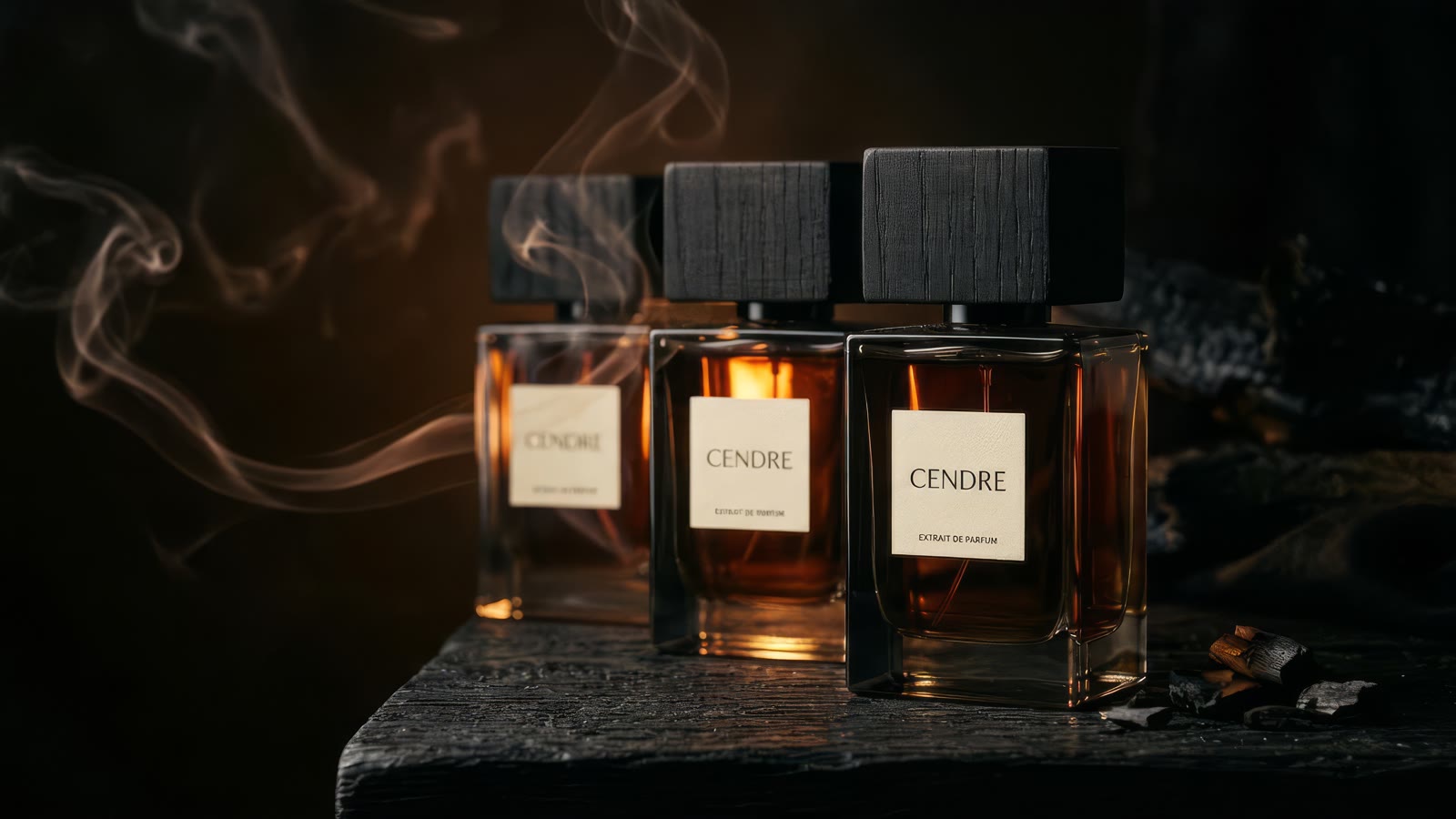 Three identical perfume bottles in a staggered row fading back into smoke
