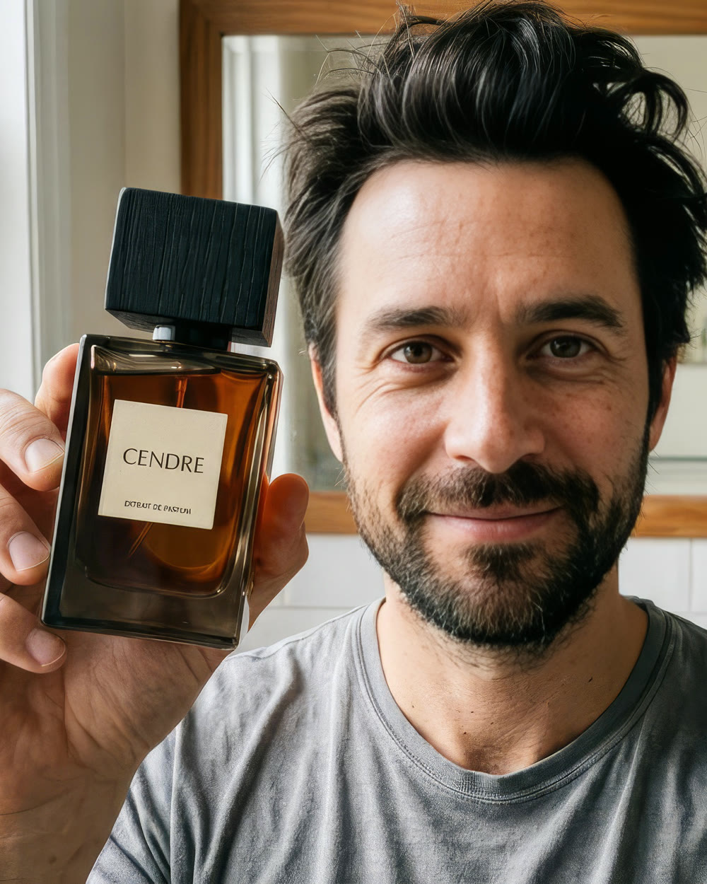 A bearded man in a grey t-shirt holding the bottle beside his face in a bathroom, phone-camera style
