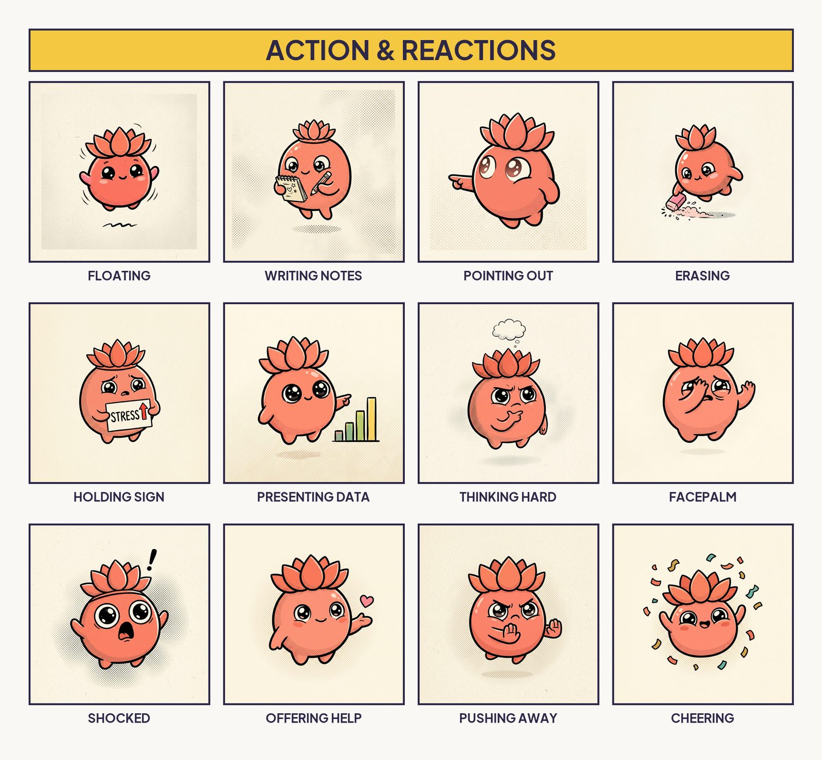 Twelve labelled action poses of a lotus mascot in one grid