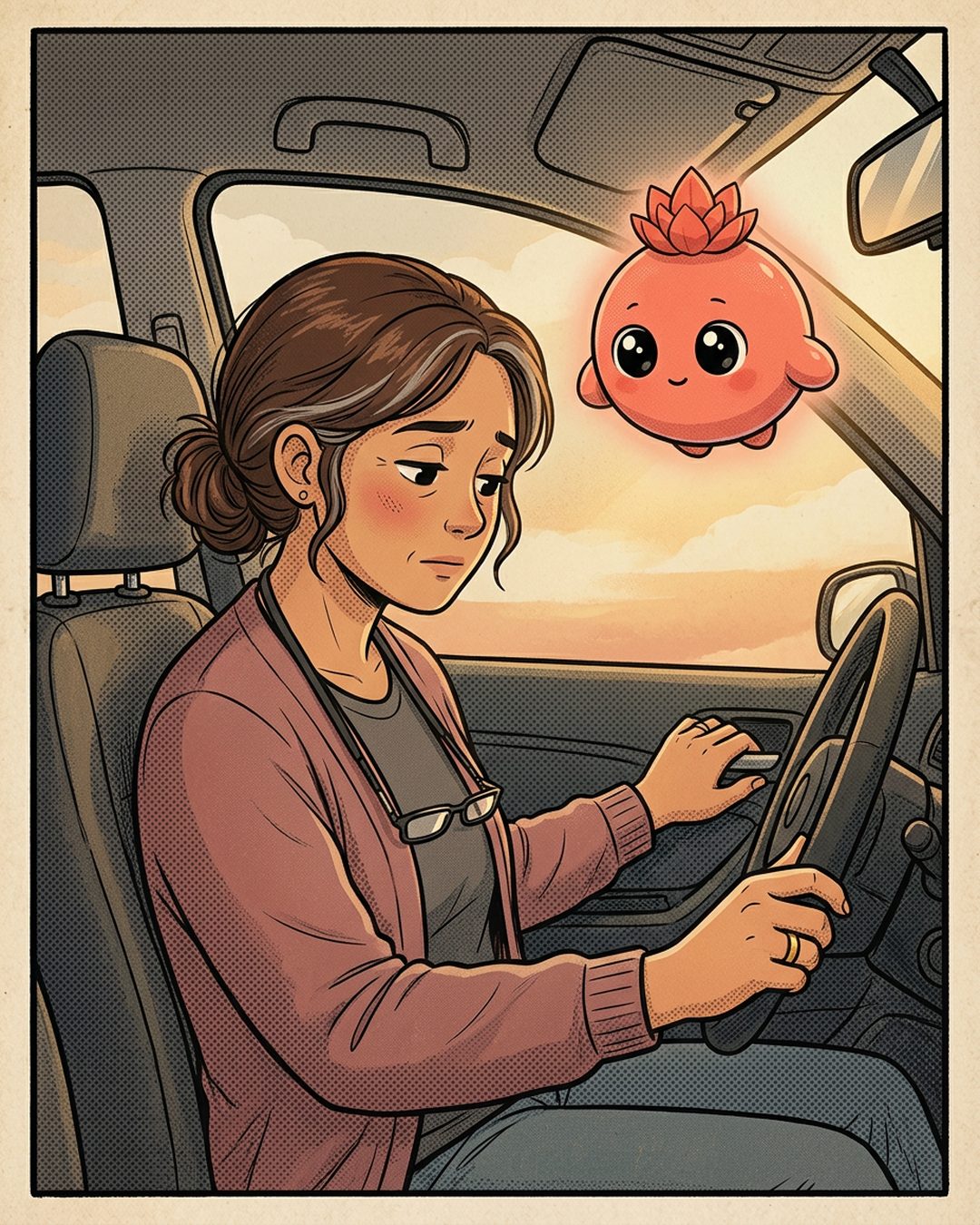 Illustrated character: woman driving