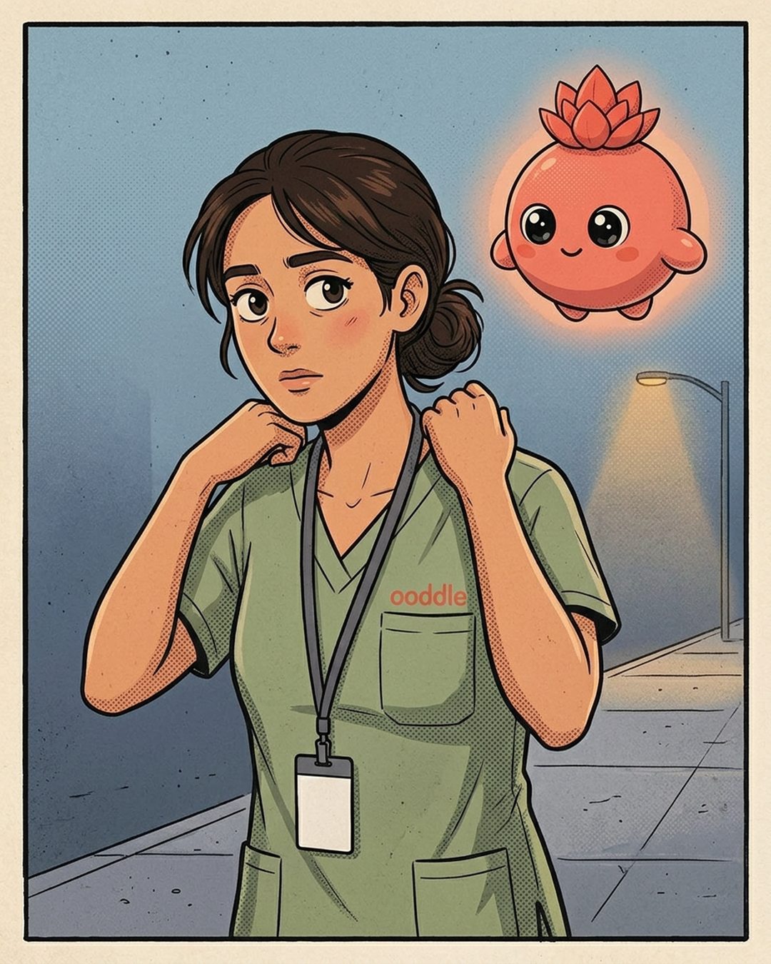 Illustrated character: woman in scrubs
