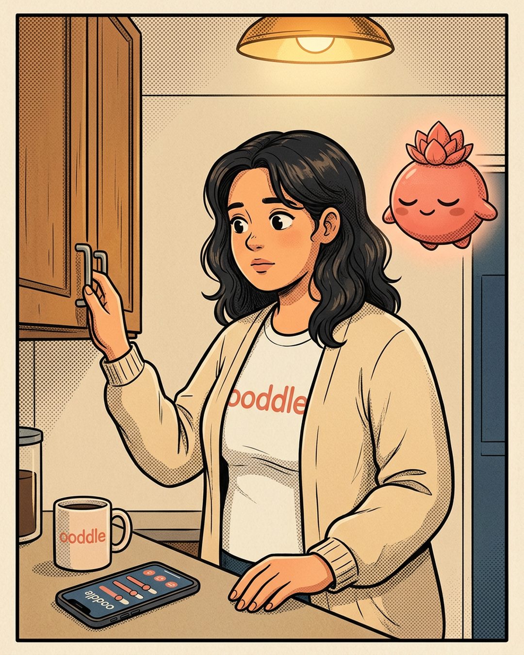 Illustrated character: woman in a kitchen