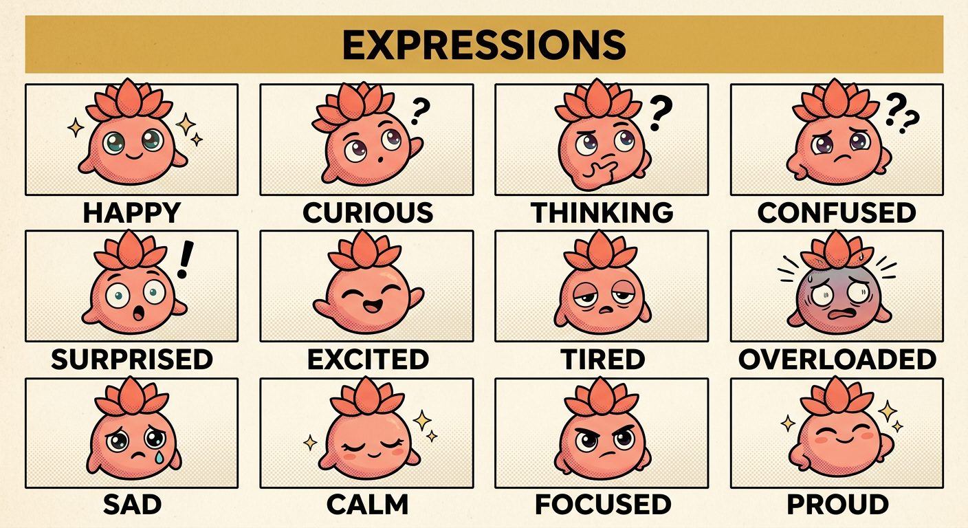 Twelve labelled facial expressions of a lotus mascot