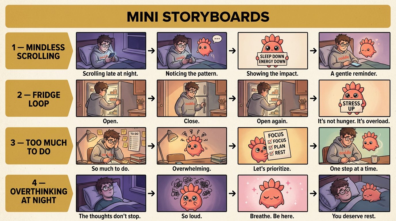 Four four-panel mini storyboards