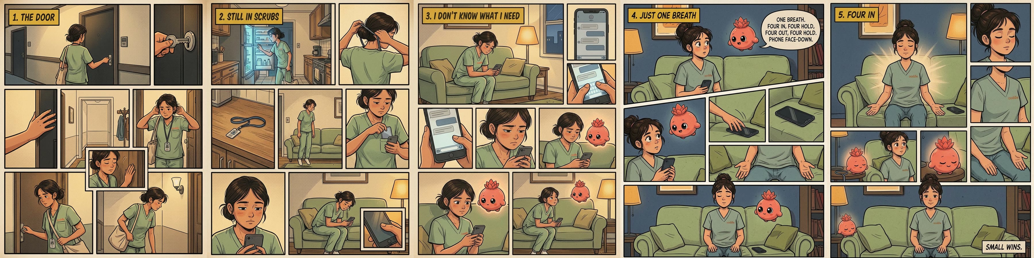 Five comic story slides in one row