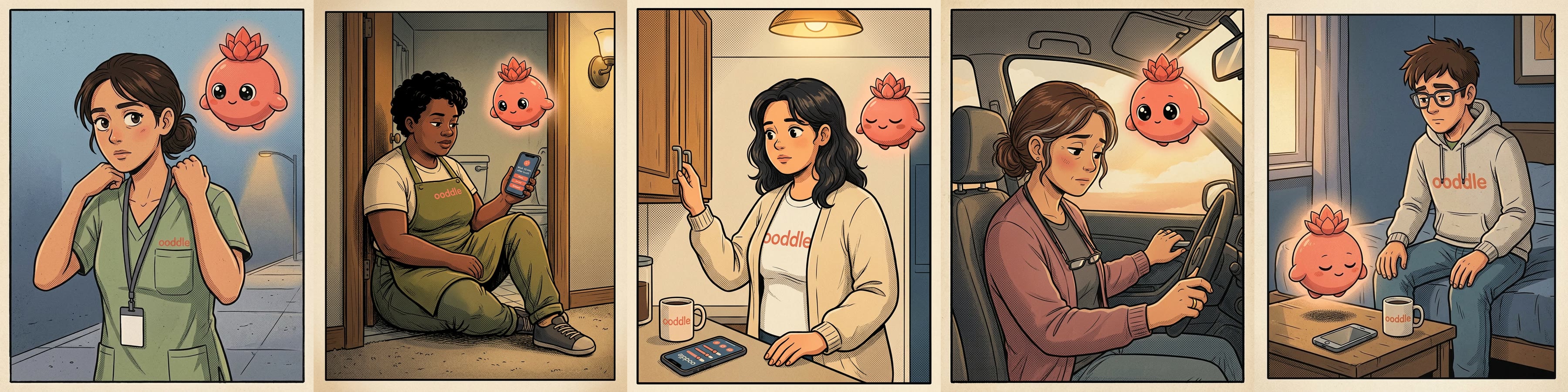 Five illustrated characters in one row
