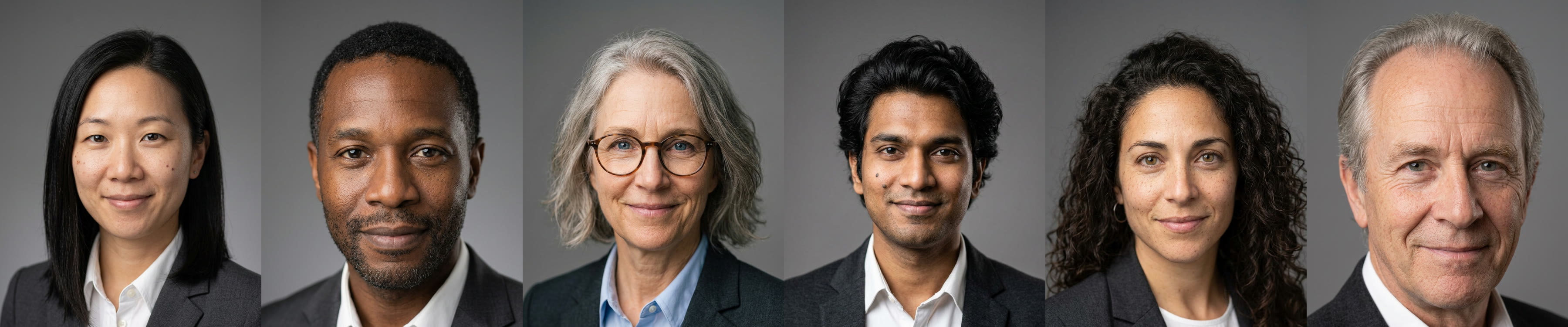 Six matching corporate headshots in one row