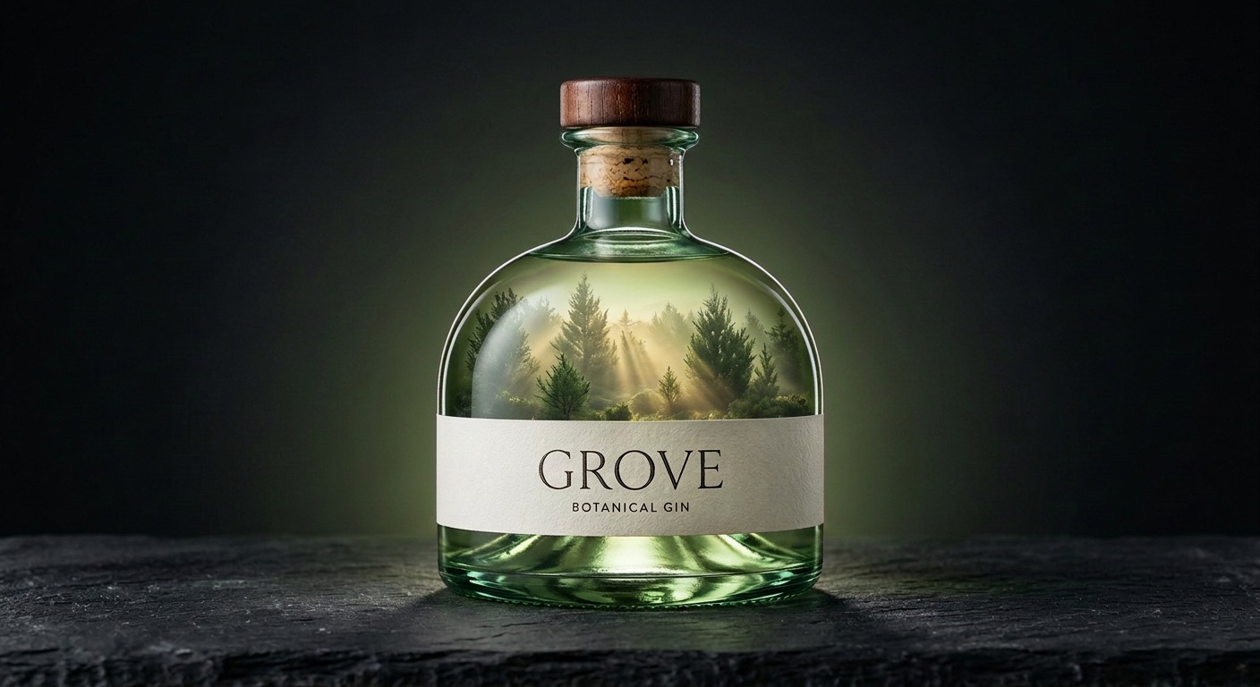 The dome gin bottle with a tiny misty forest visible inside the glass