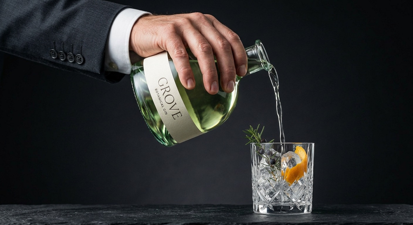 A bartender's hand pouring gin into a crystal tumbler