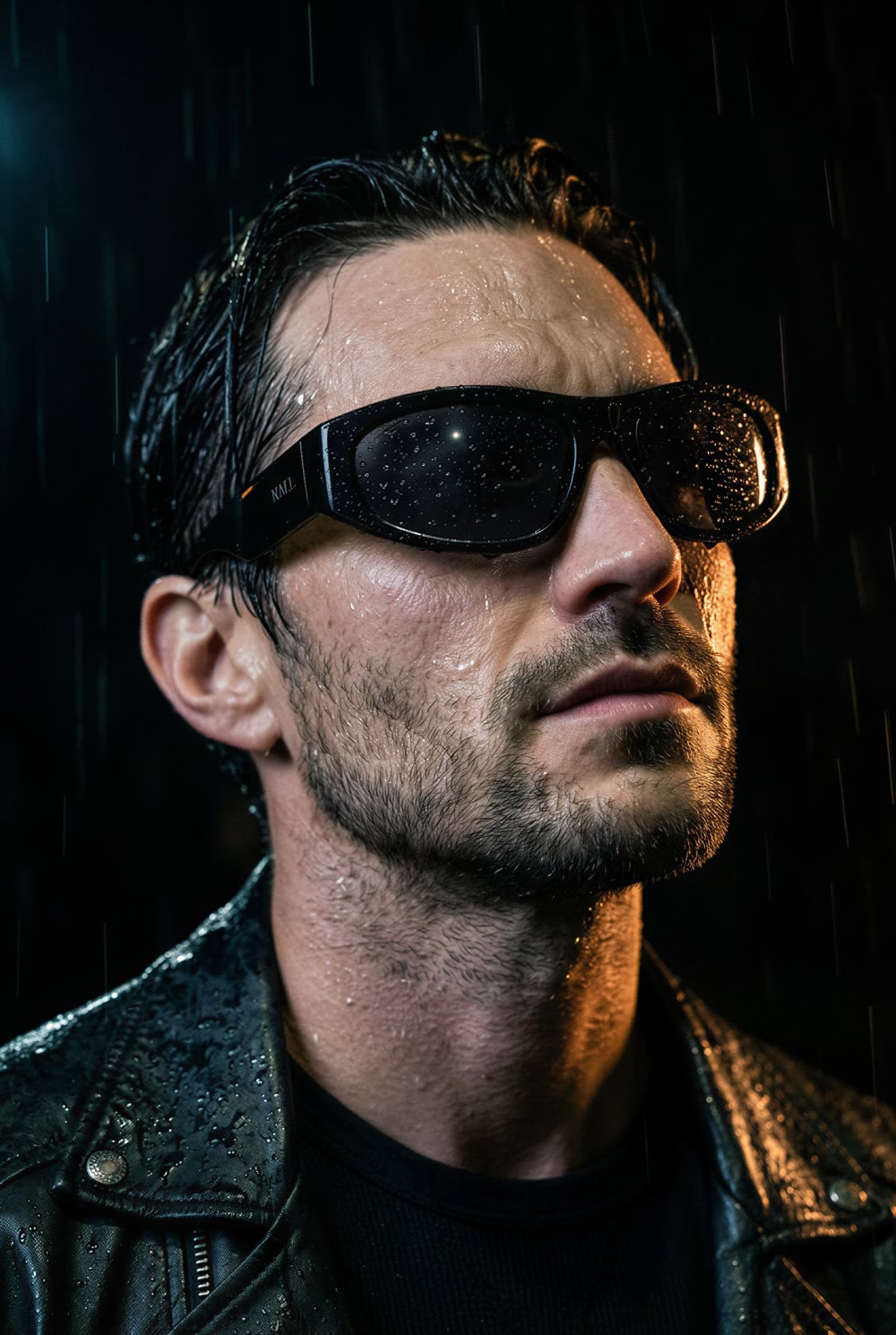 Close-up of a man tilting his face into the rain, water beading on his sunglasses