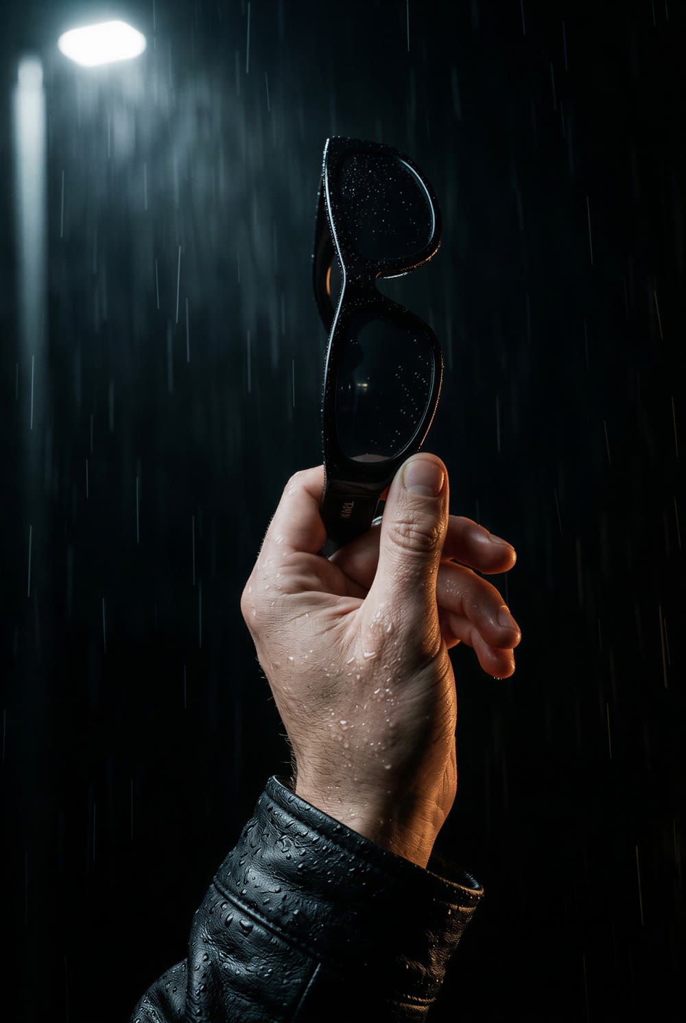 A hand in a wet leather cuff holding folded black sunglasses up into the rain