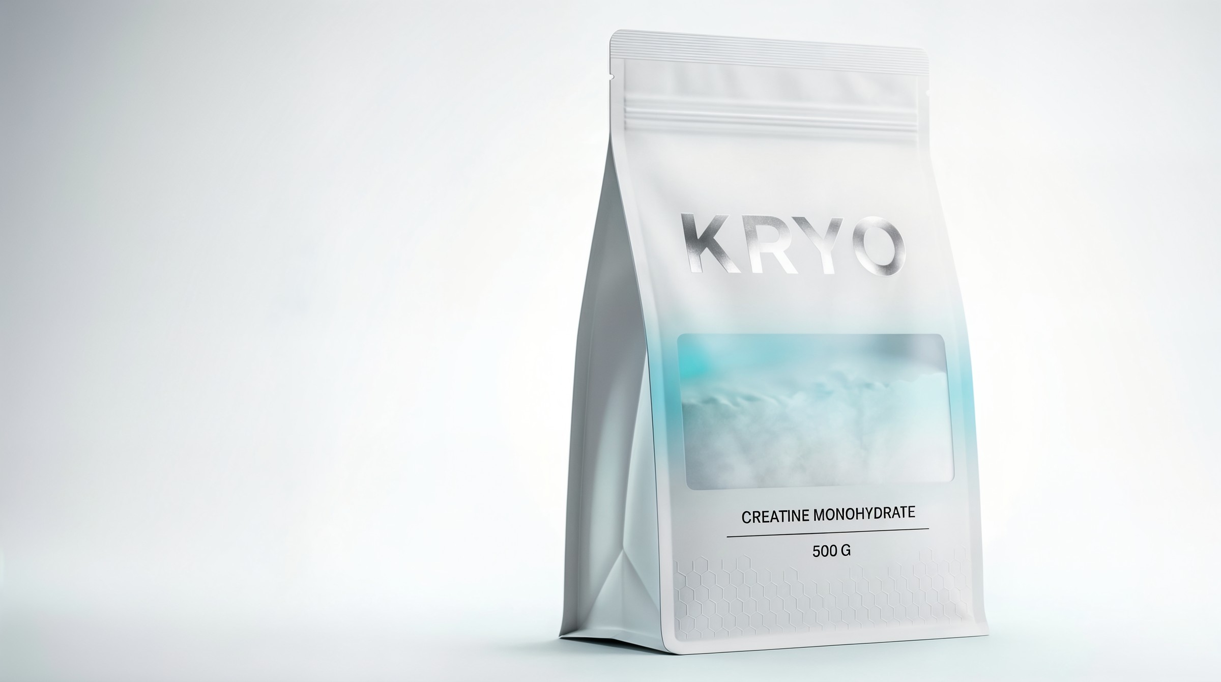 Frosted creatine pack on ice with cold vapour