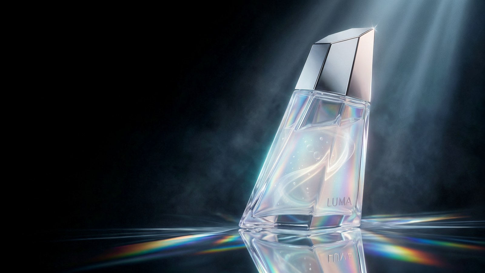 Faceted holographic glass serum bottle with a chrome cap on a mirror surface