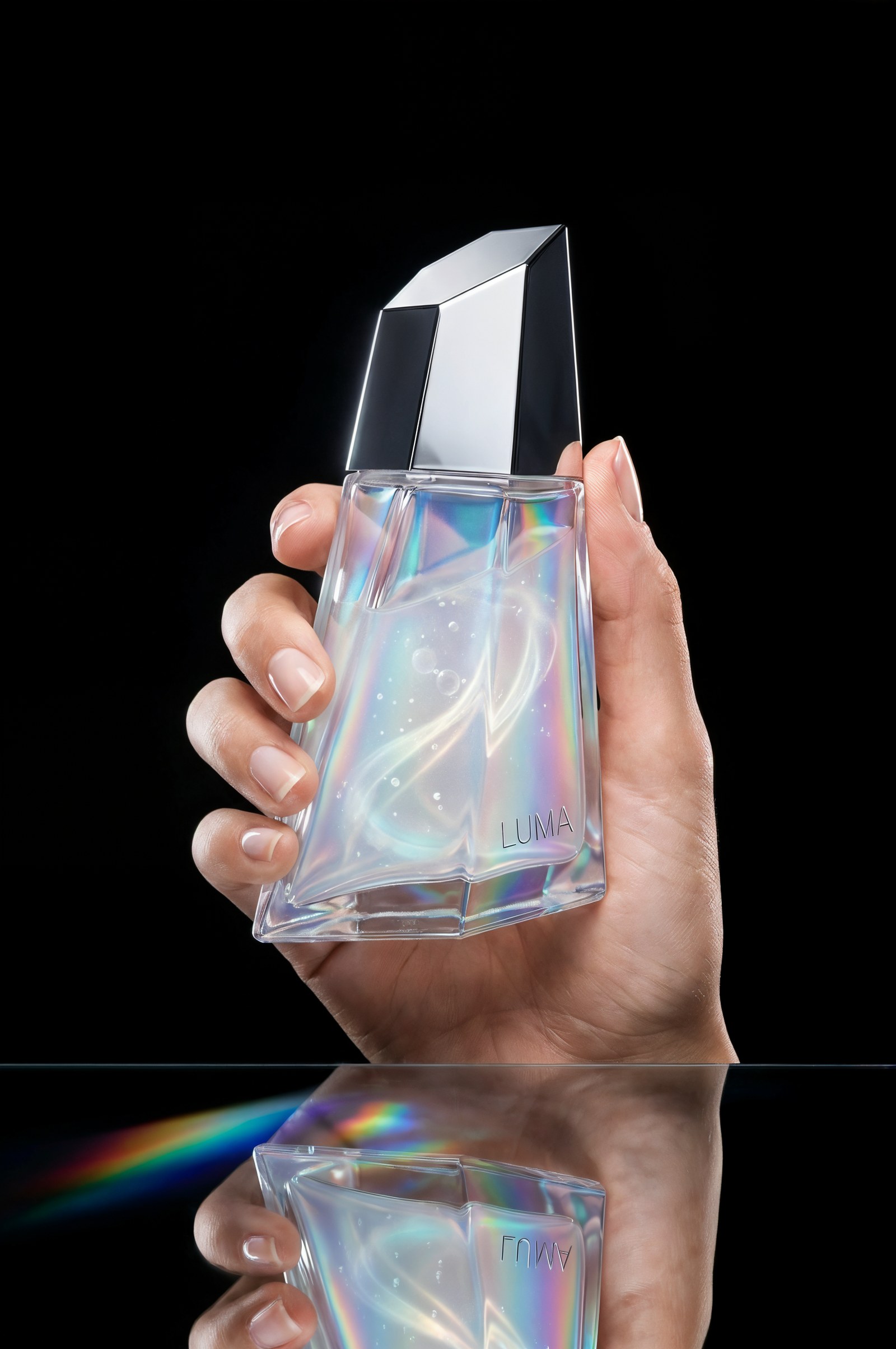 A hand holding the faceted serum bottle