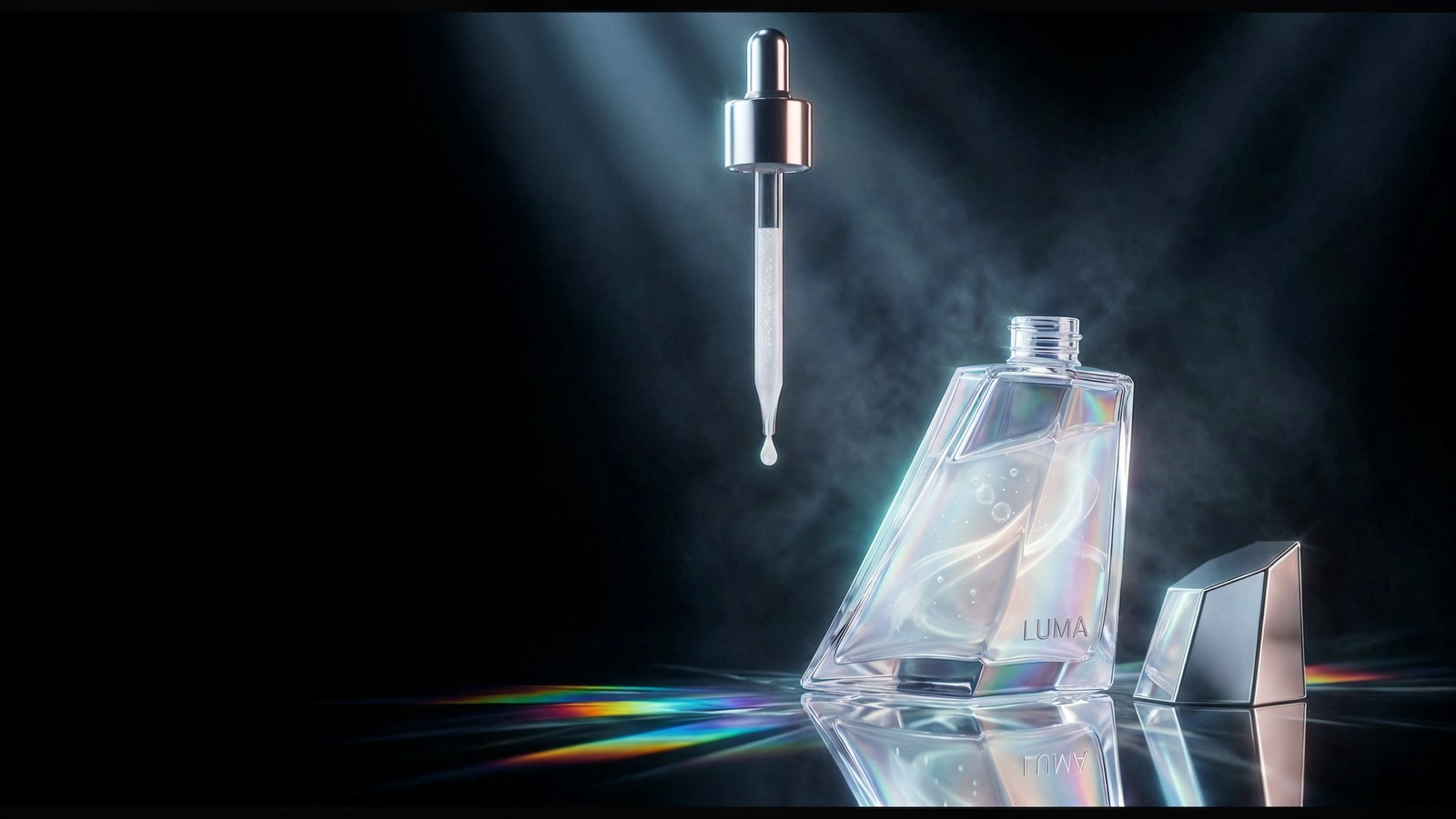 A glass pipette suspended above an open serum bottle with a drop about to fall