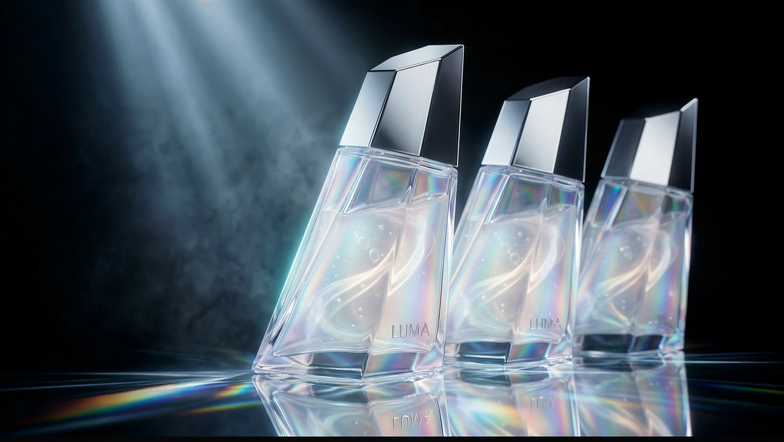 Three identical faceted serum bottles lit against black