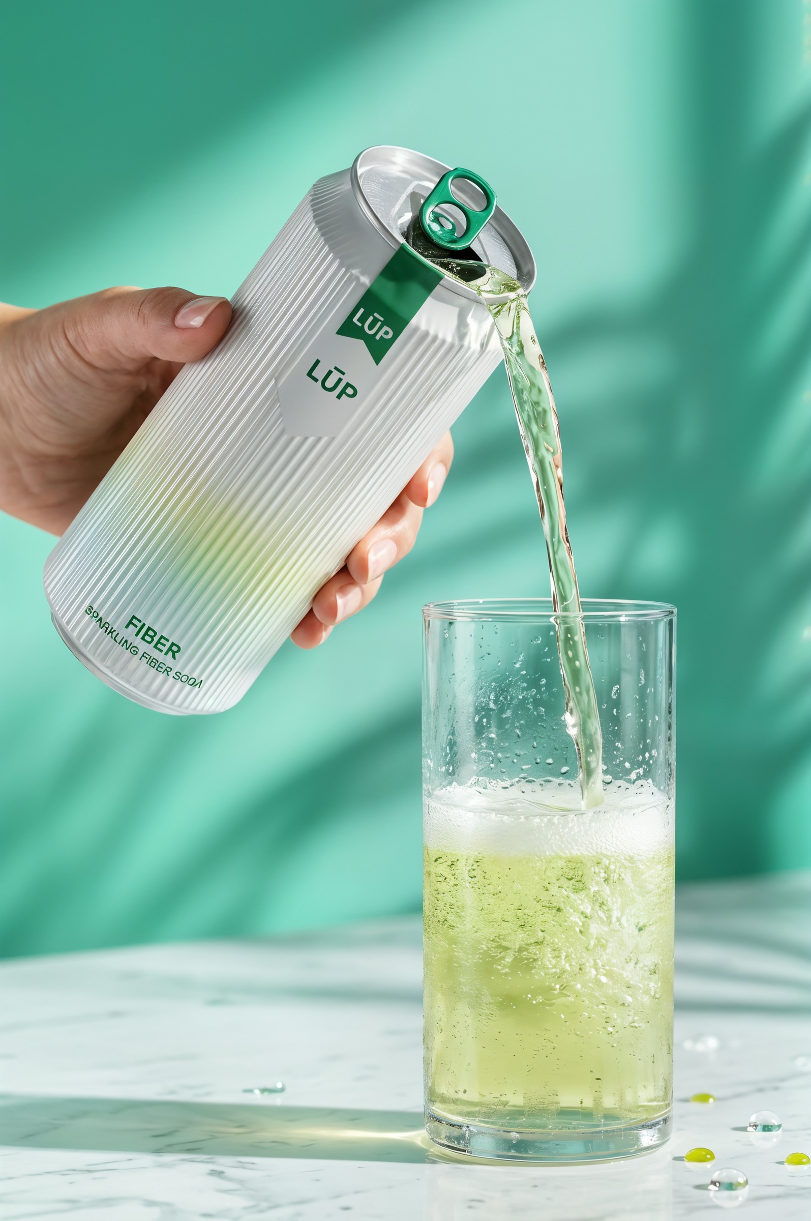 Soda pouring into a glass beside the fluted can