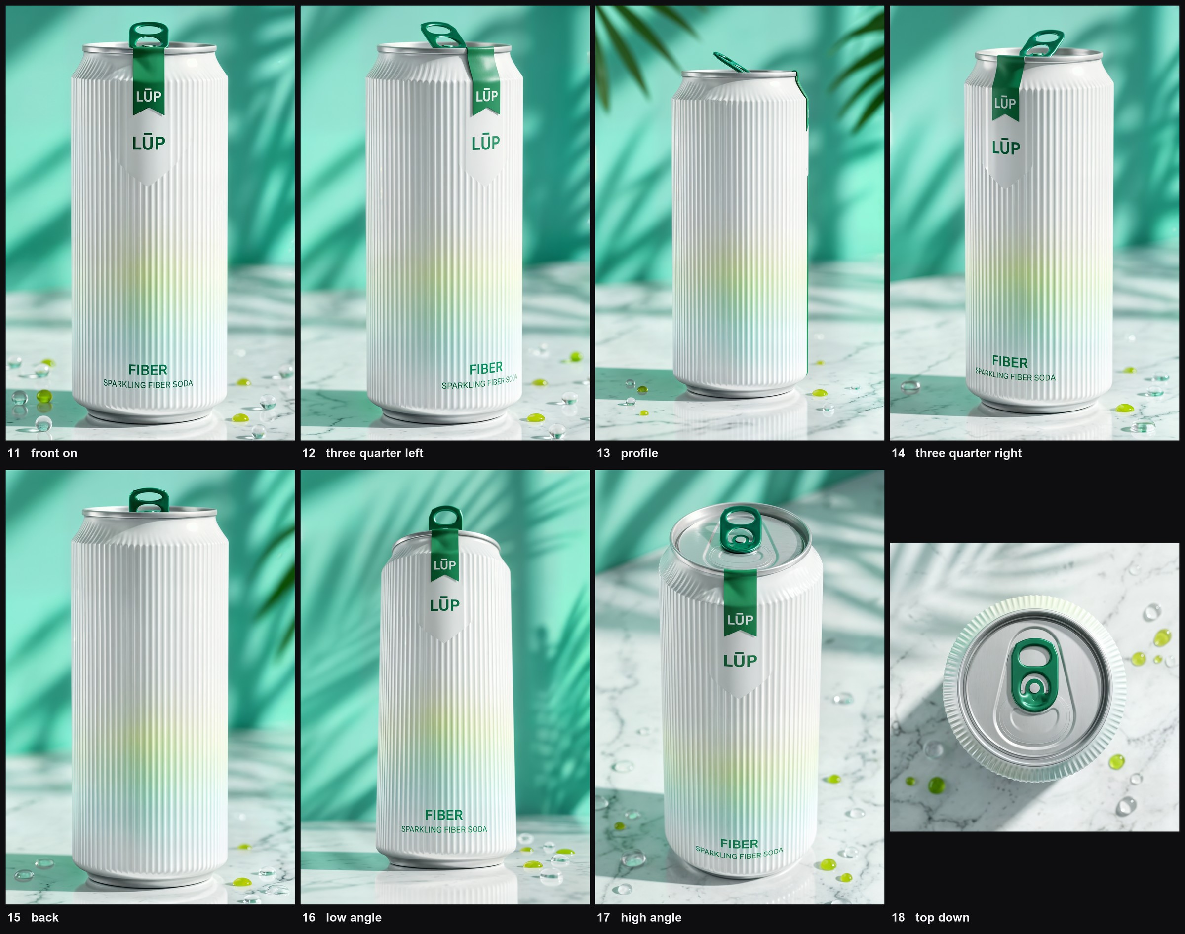 Eight views of the same fluted soda can, rotated in 45-degree steps