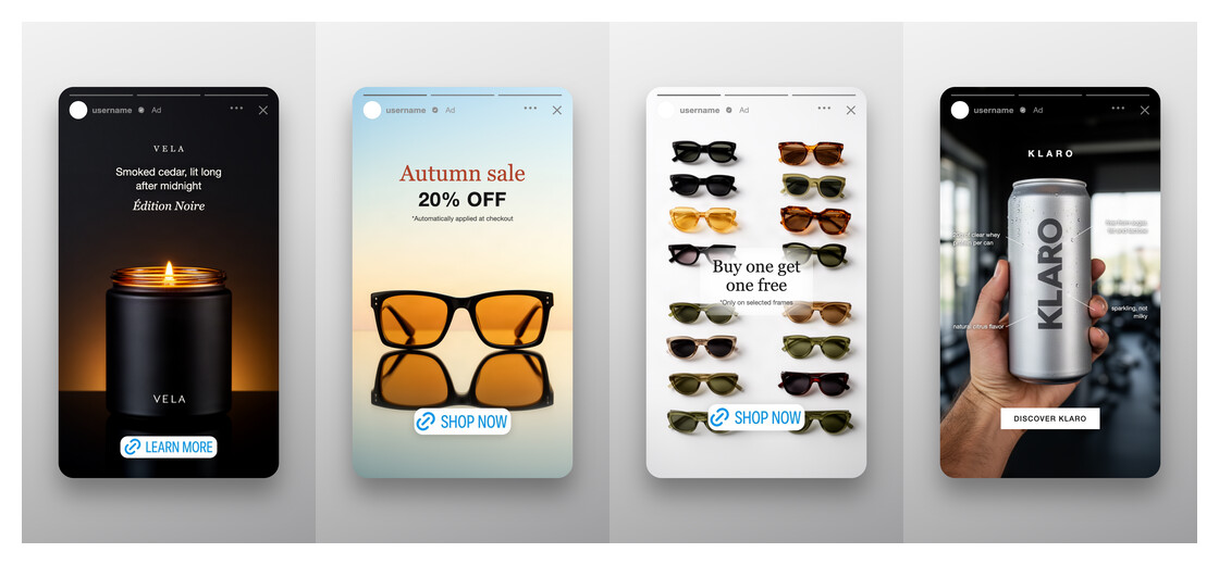 Four static story ads side by side