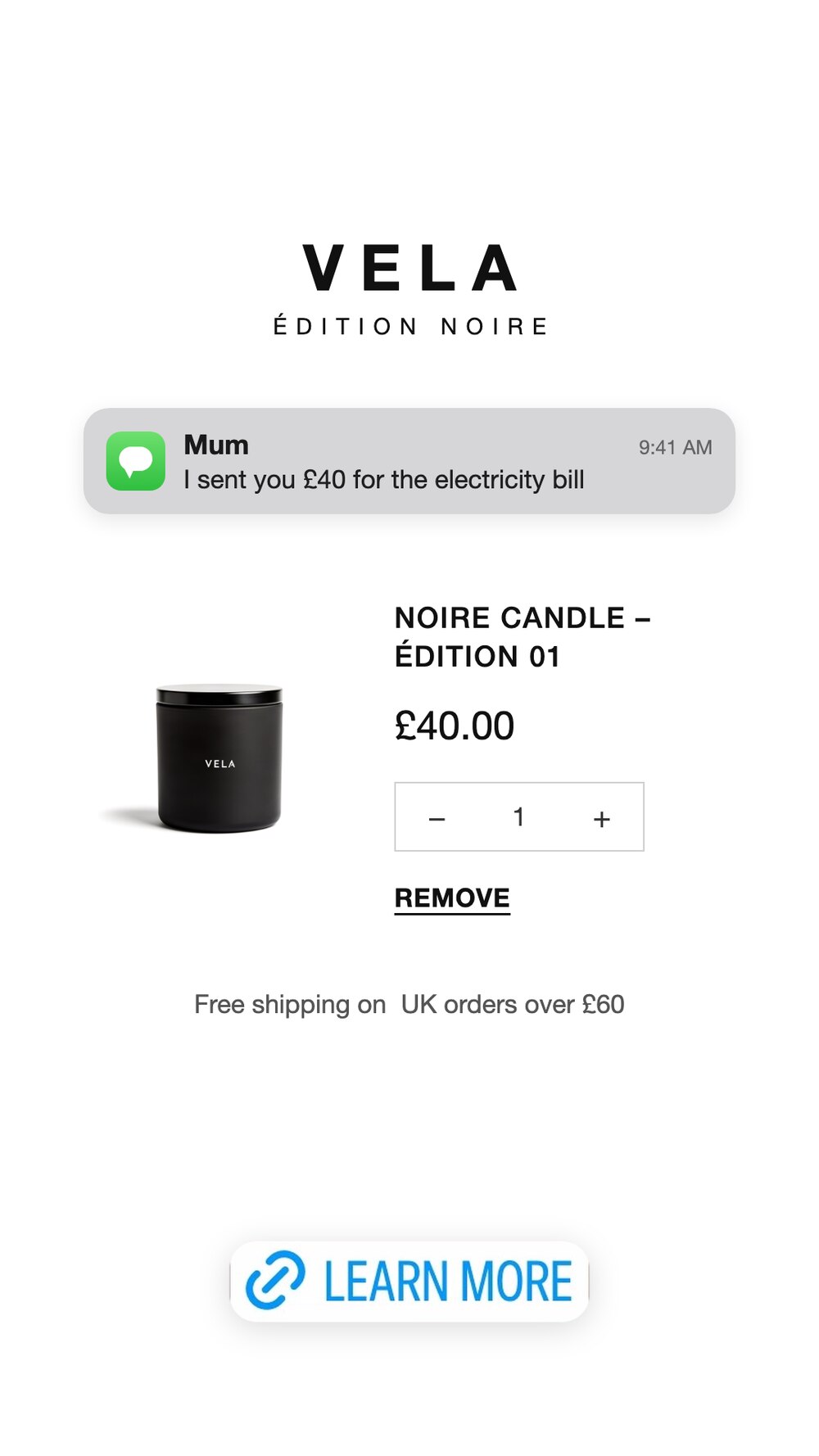 Notification-style cart ad for a candle brand