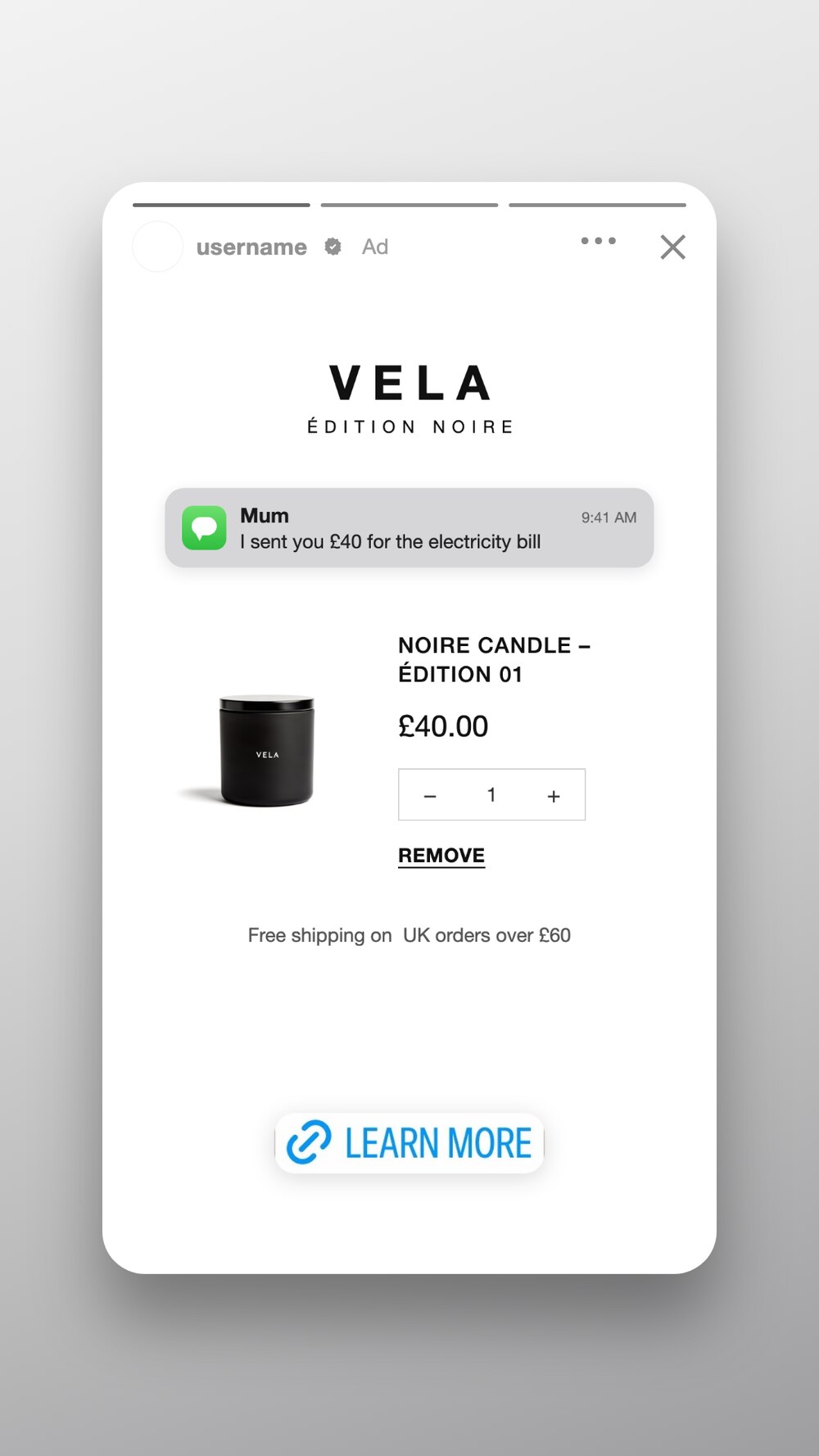 Editorial story-format ad for the same candle