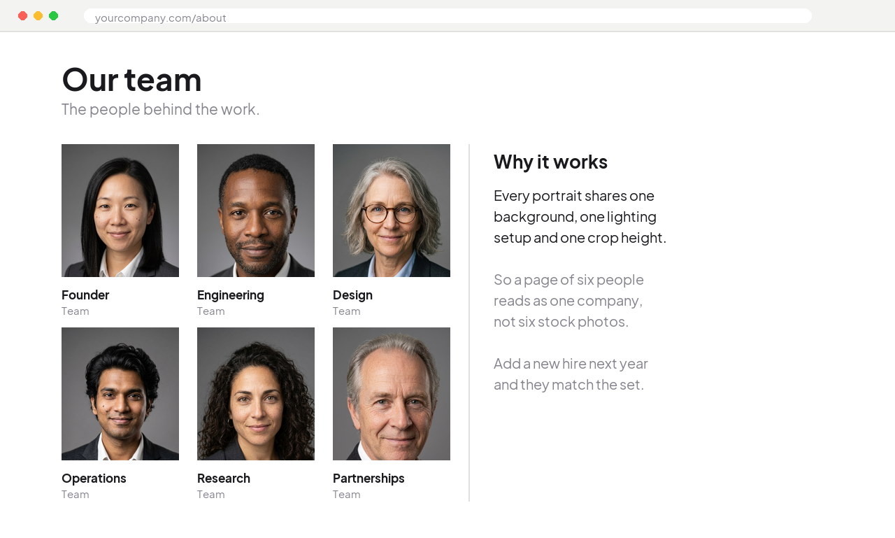 The finished portraits laid out in a company About page