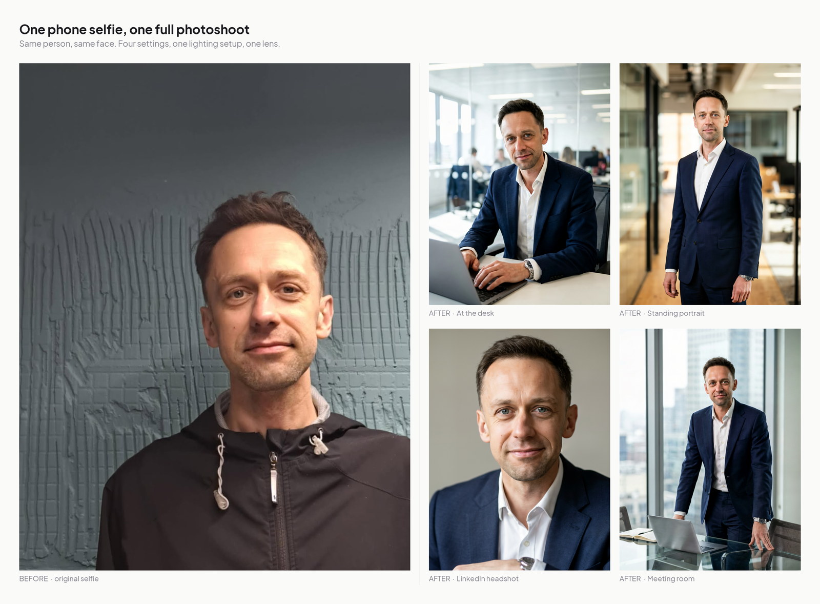 One casual phone selfie beside four professional business portraits generated from it