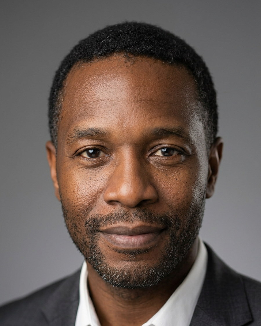 Corporate headshot of a man against a grey studio background