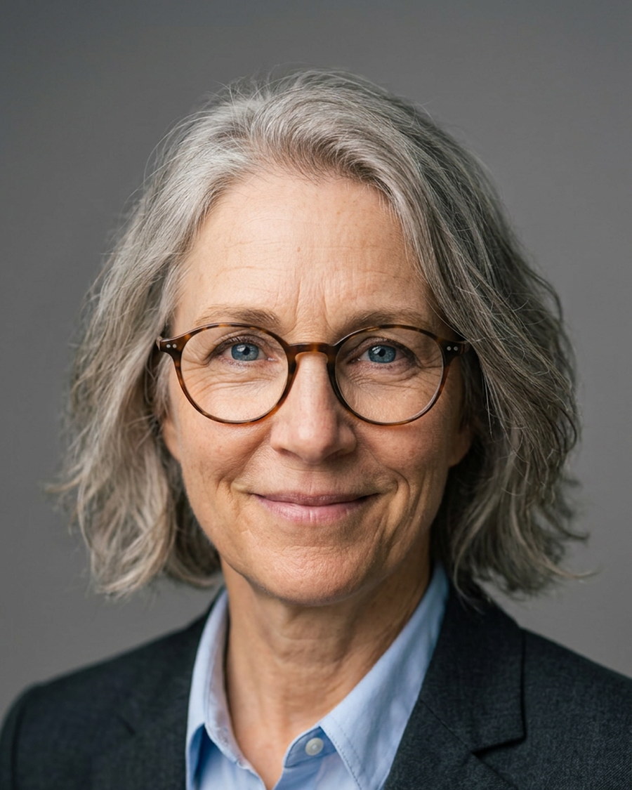 Corporate headshot of a woman with glasses against a grey studio background
