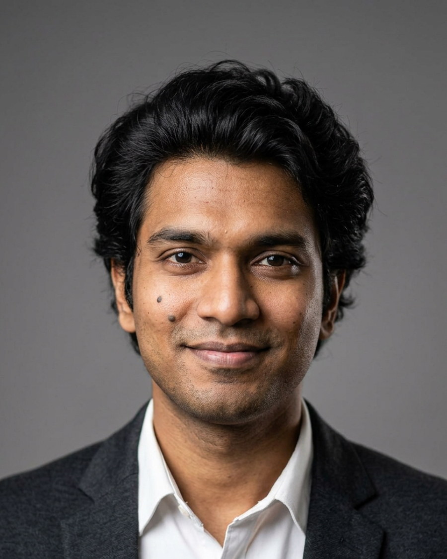 Corporate headshot of a man against a grey studio background