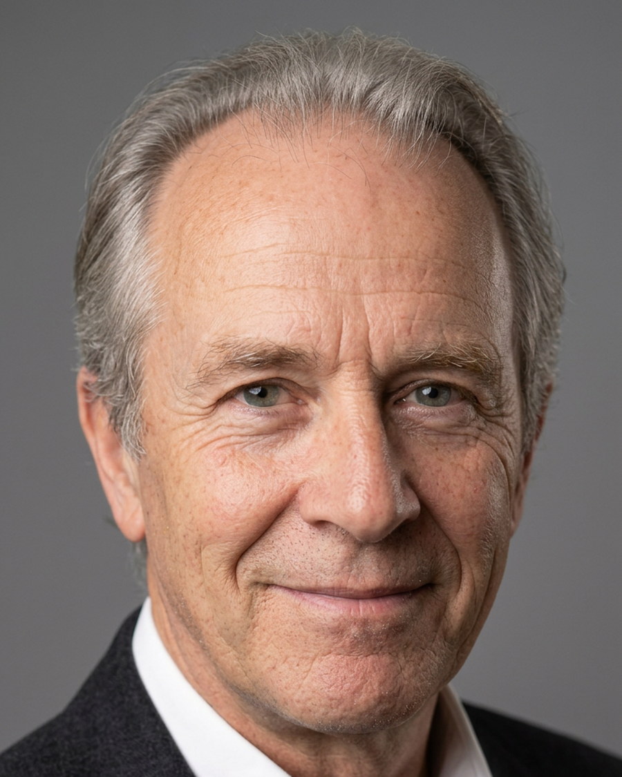 Corporate headshot of an older man against a grey studio background