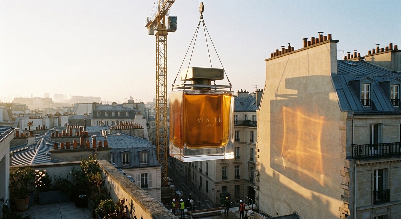 The bottle hanging beside a building, projecting its amber light and name onto the wall
