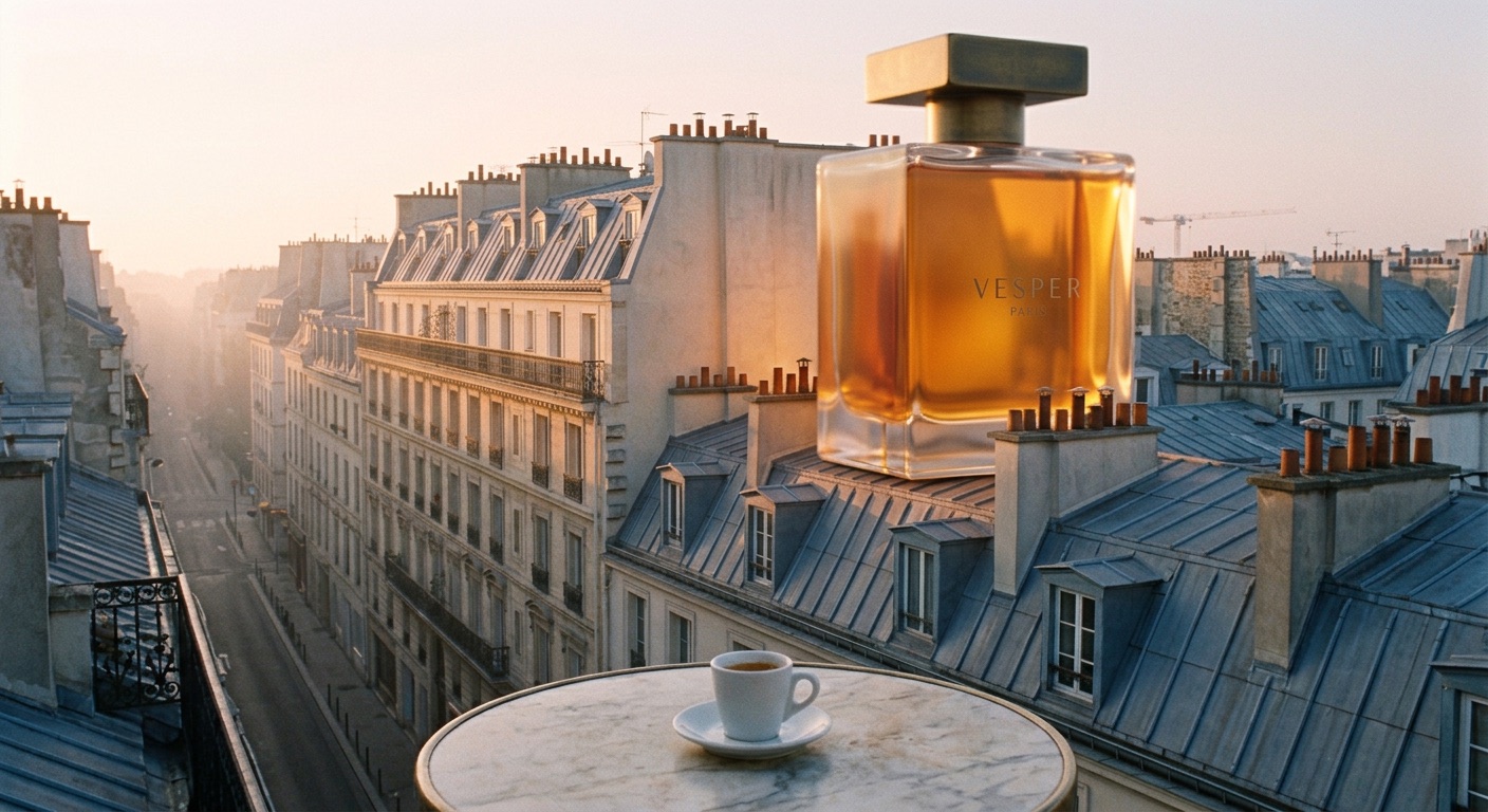 An espresso on a café table with the giant bottle standing on the roof across the street