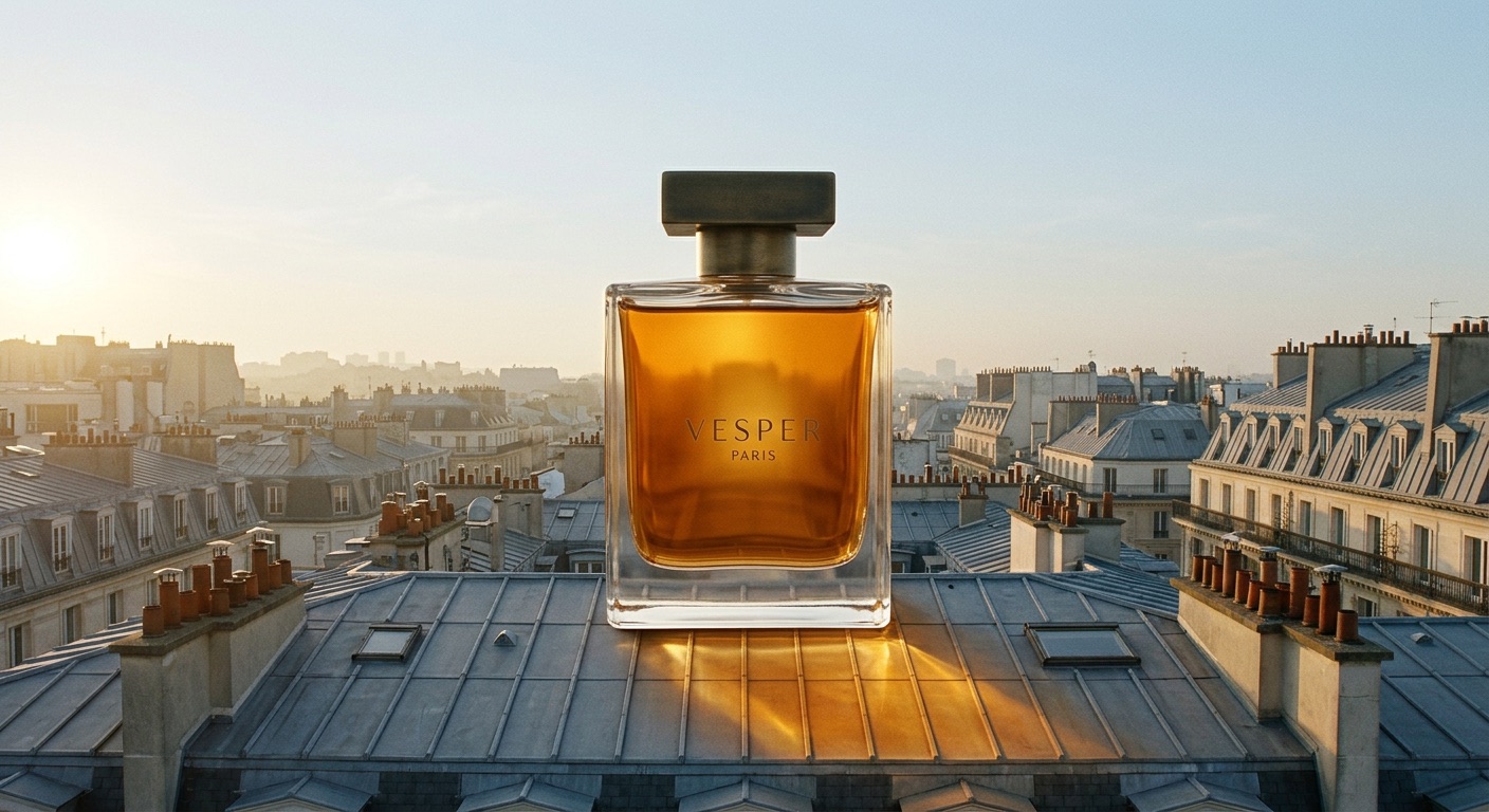 The giant amber bottle standing on a Paris rooftop in golden light