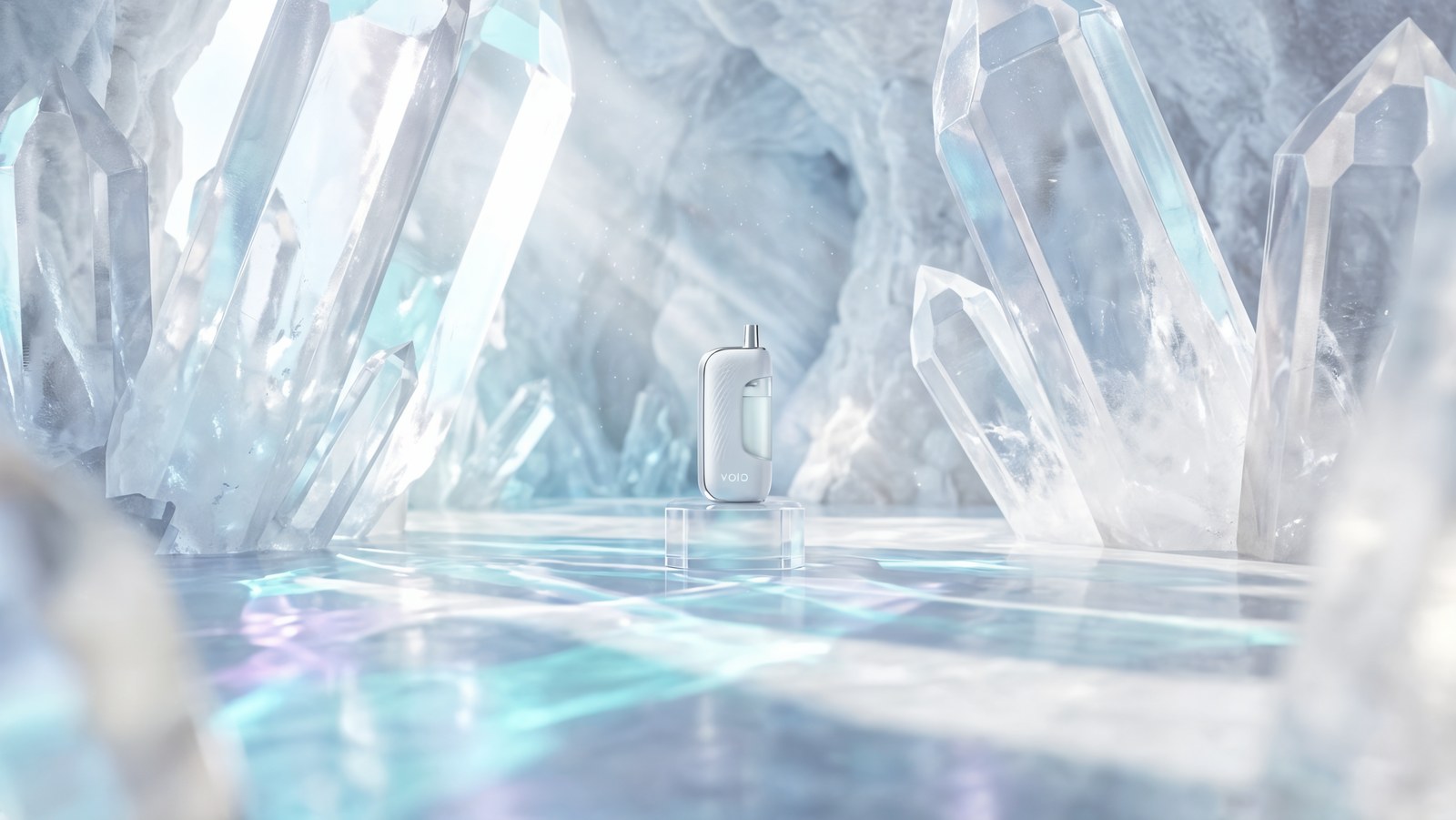 Wide view of a bright crystal cave with a ceramic device on a pedestal