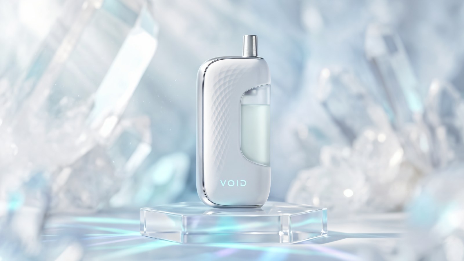 White ceramic vape device on a crystal pedestal in a bright quartz cave