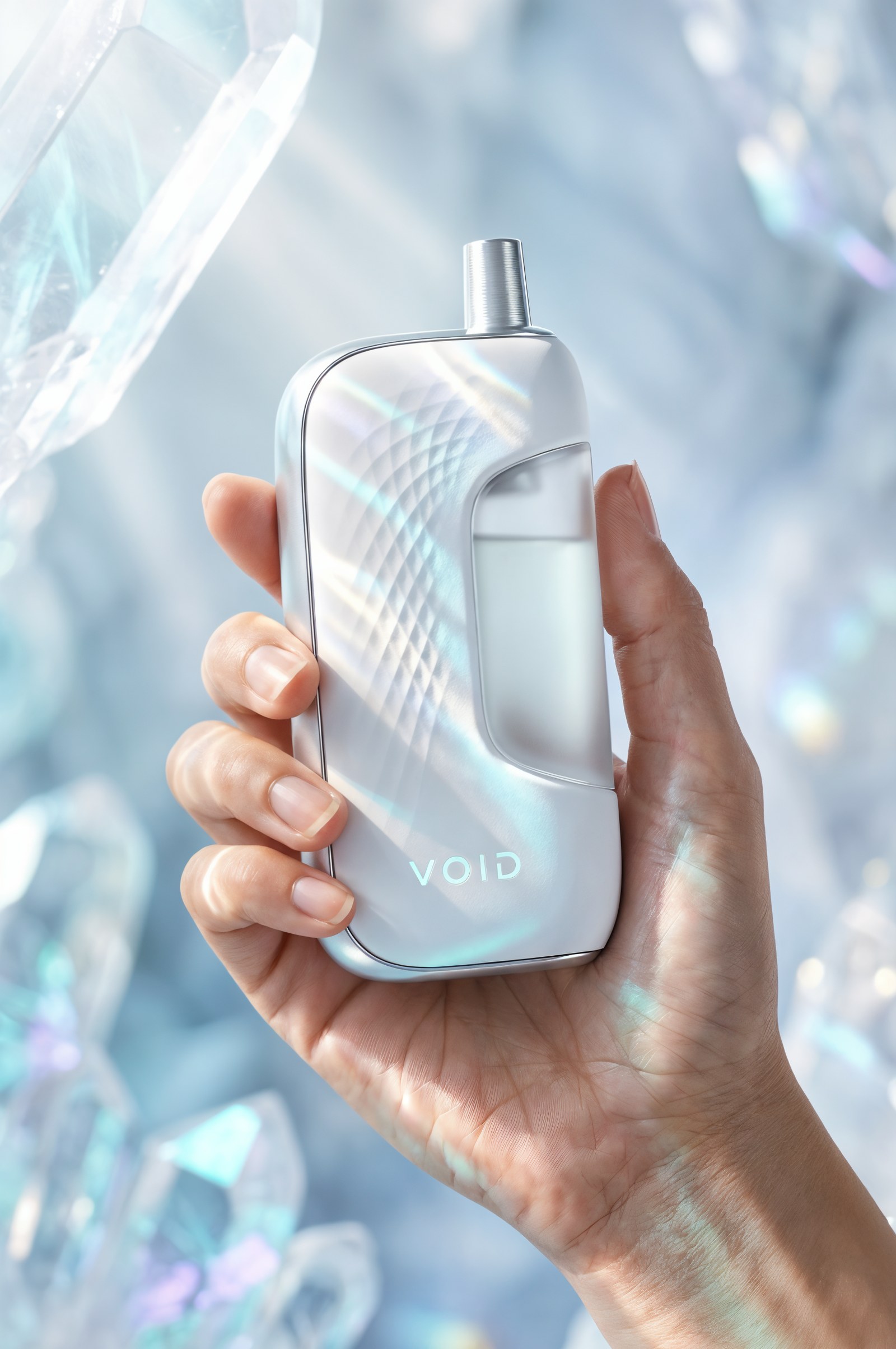 A hand holding the white ceramic device against pale crystal