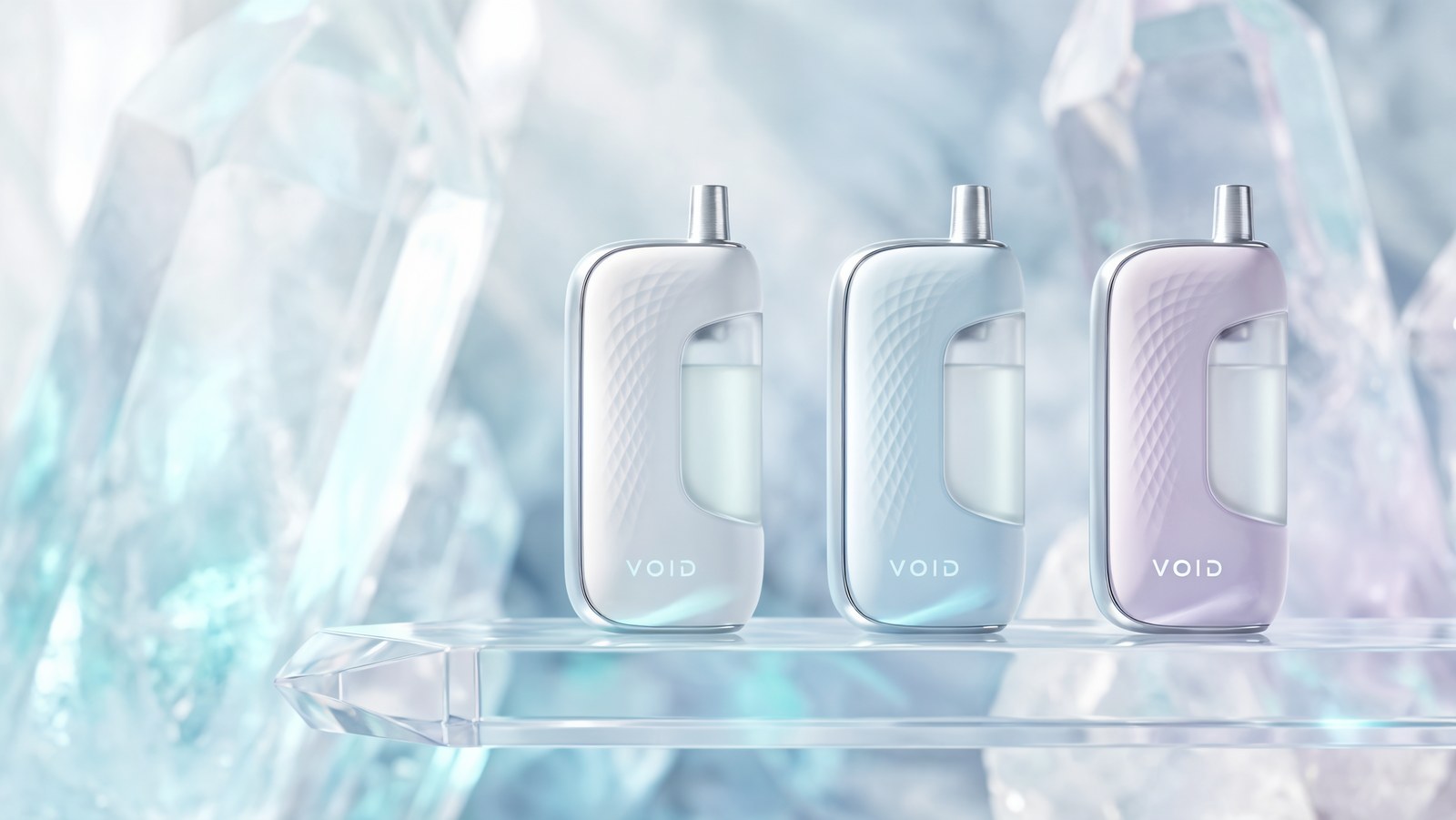 Three identical vape devices in white, ice blue and lavender on a crystal shelf
